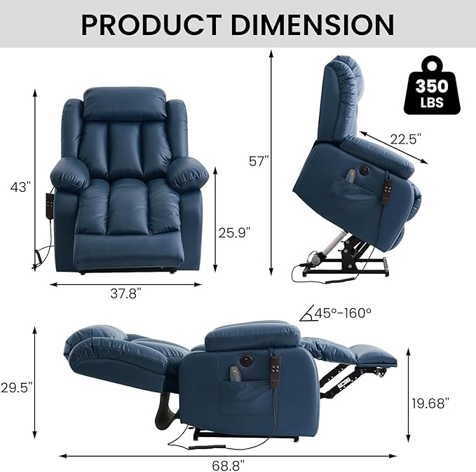 TEKAMON Power Lift Recliner Chair for Elderly with Heat & Massage, Dual Motor Breathable Leather Recliner, Lay Flat Sleeping Chairs with Infinite Position, RemoteControl & USB Ports(Deep Blue)
