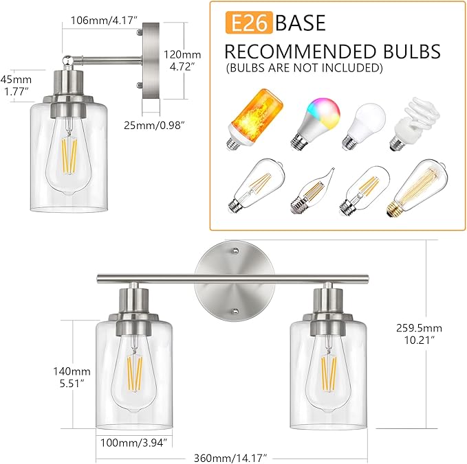 FOLKSMATE Bathroom Light Fixtures, 2-Light Brushed Nickel Vanity Light, Silver Wall Sconce Lighting, Modern Bath Wall Mounted Lighting with Glass Shade, Porch Lamp for Living Room, Bedroom, Hallway