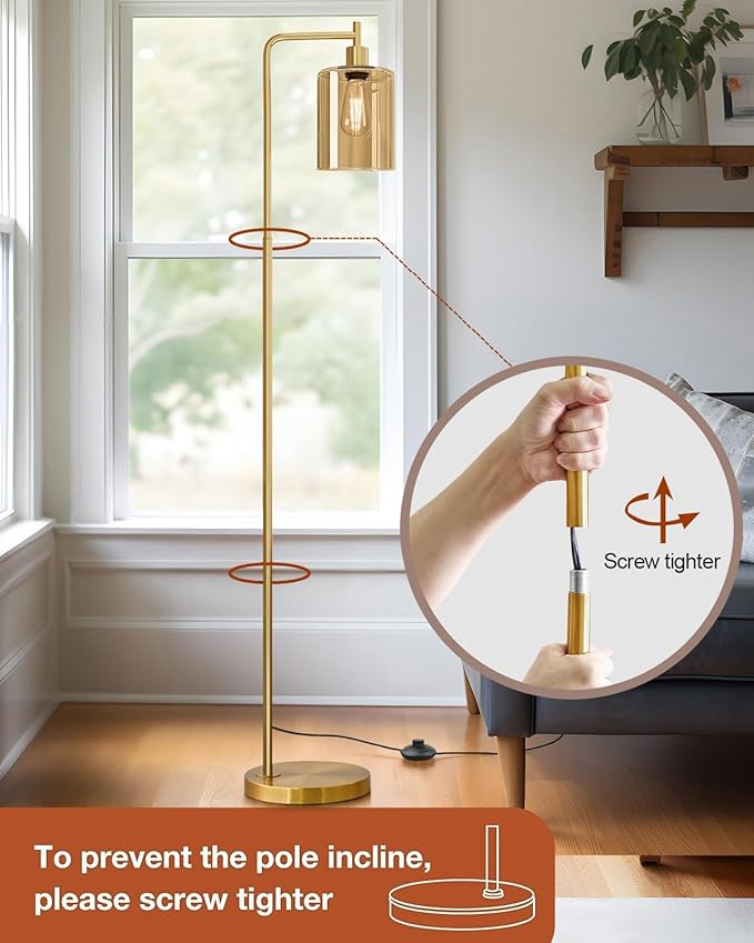 Oneach 66.5'' Floor Lamps for Living Room with Glass lampshade, Modern Gold Floor Lamp with Bulb, Industrial Standing lamp for beroom, Tall Pole Lamps Office (Bulb Included)