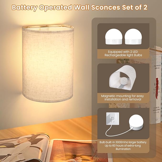 Battery Operated Wall Sconces Set of 2,Rechargeable Wall Lights with Remote Control,15 RGB Colors Dimmable Wall Light with fabric shades,Magnetic Wall Lamp Fixtures for Bedroom Living Room Hallway