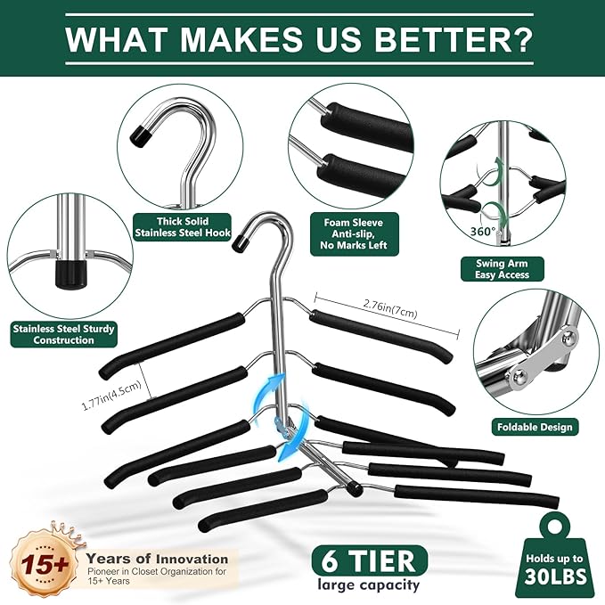 DOIOWN Space Saving 6 Tier Coat Hangers - Non Slip Foam Padded, Black Metal Sweater & T Shirt Hangers for Men & Women, 2 Pack Closet Organizers