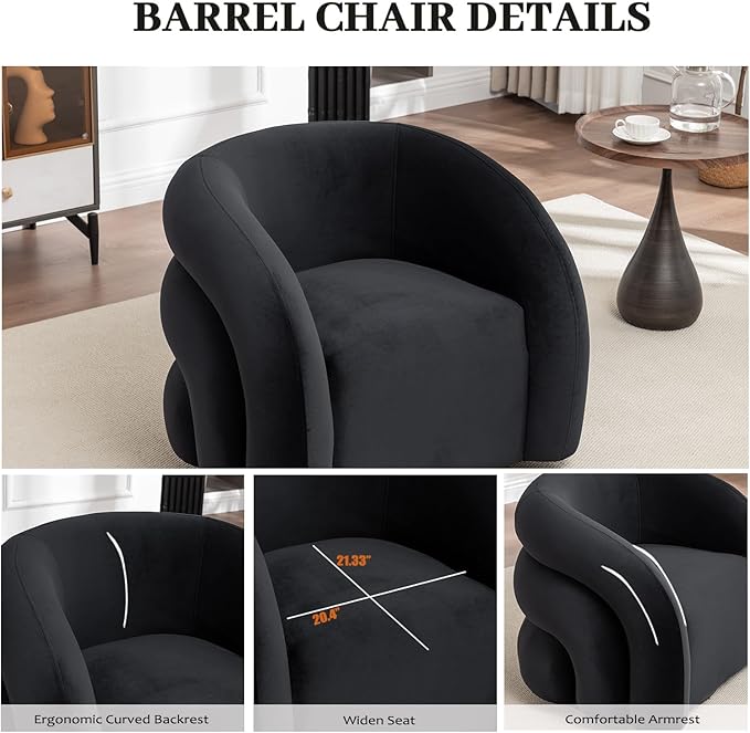 34.6" Velvet Swivel Accent Chair, Modern Round Armchair for Living Room,Upholstered Comfy Sofa Barrel Chairs for Bedroom Reading Apartment Lounge,Fully Assembled(Black)