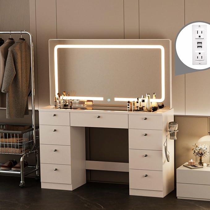 Makeup Vanity Desk with Mirror - 46 INCH Glass Tabletop Vanity Table with Lights, Drawers, Power Outlet, Large Storage Desk for Bedroom, White