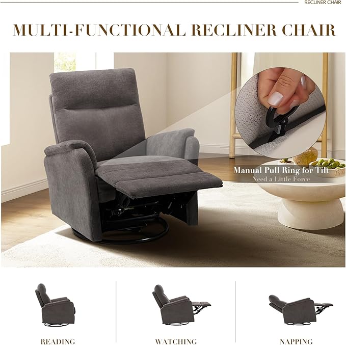 Swivel Rocking Recliner Glider Chair, Upholstered Fabric Reclining Rocker Chair with Footrest for Living Room, Nursery, Bedroom, Ergonomic High Backrest, Wide Seat Cushion and Metal Base-Charcoal