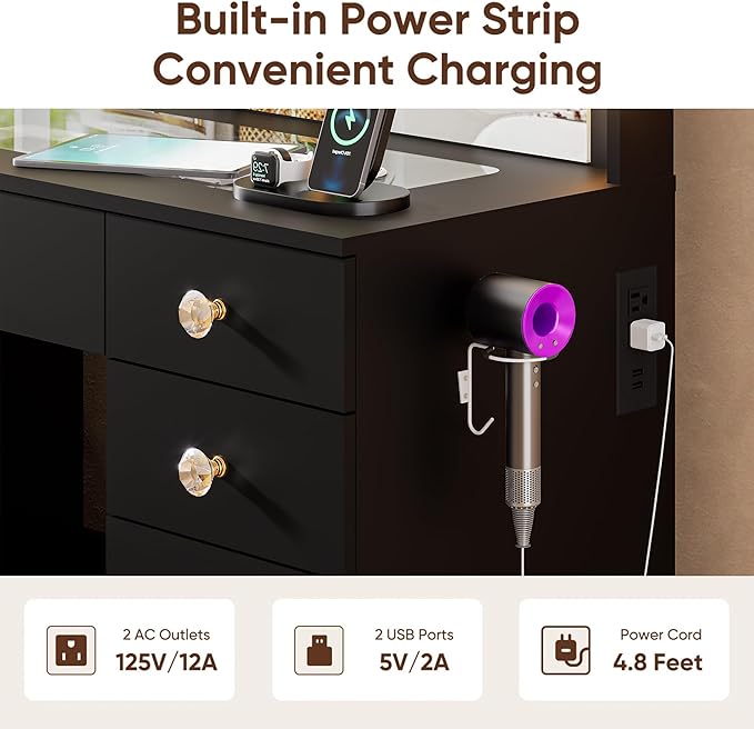 43.3" Vanity with Large Mirror and 10 LED Lights, Vanity Desk with Glasstop, 11 Drawers with Crystal Handles, Dressing Table with Power Outlet as Gift for Women, Girls (Black)