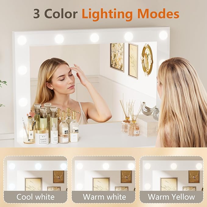 YESHOMY Vanity Desk with Mirror, Makeup Table with 11 Adjustable Lights and 2 Spacious Drawers, Soft-Padded Storage Stool, 3 Lighting Modes with Control, for Bedroom, Pure White