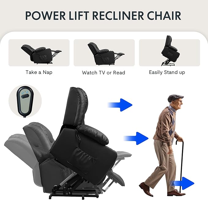 FLEXISPOT XL31 Power Lift Recliner Chair for Elderly, Electric Lift Chair with Massage & Heat, PU Leather Reclining Sofa w/Cup Holders, Side Pockets for Living Room Bedroom(Medium Size,Black)