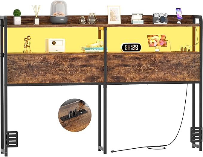 Aheaplus Headboard for Queen Size Bed Frame, Headboards with Outlets, USB Ports and LED Light, Head Board with Storage, Height Adjustable, Sturdy and Stable Headboard, Queen Size, Rustic Brown