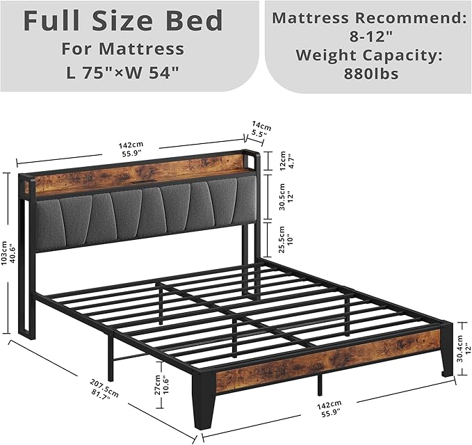 LIKIMIO Full Bed Frame, Storage Headboard with Charging Station, Solid and Stable, Noise Free, No Box Spring Needed, Easy Assembly