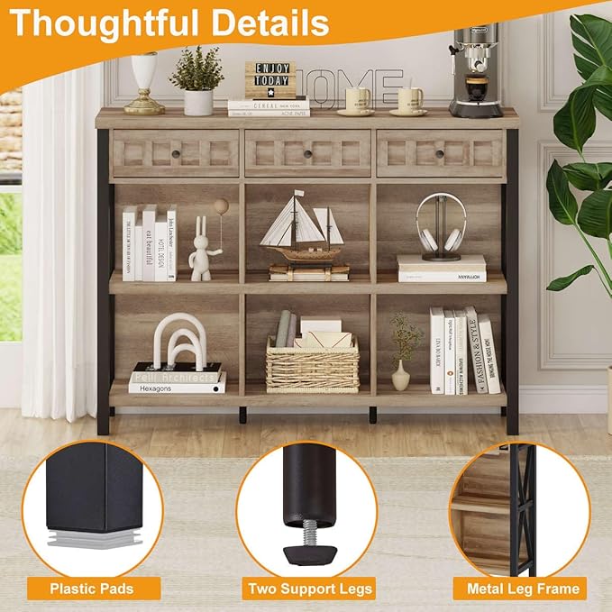 FATORRI Rustic 6 Cube Storage Organizer Shelf with 3 Drawers, Long Horizontal Bookshelf, Industrial Wood and Metal Cubby Bookcase for Living Room (Rustic Oak, 47 Inch)