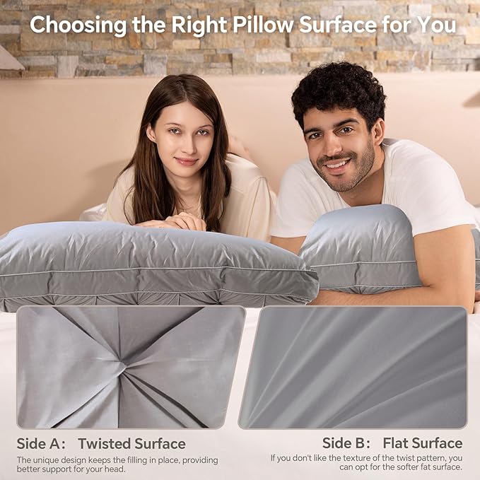 QUTOOL Luxury Hotel Goose Feather Pillow, 100% Cotton, Soft Support Pillow, Suitable for Sleepers on The Back, Sides, and Stomach, Set of 2 King Size Bed Pillows (16" x 34"), Gray