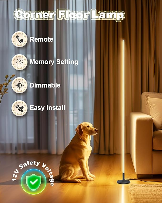 TACAHE Minimalist Corner Floor Lamp - 2700K-6500K Dimmable LED Night Light - Modern Standing Mood Lamp with Remote Control for Living Room, Bedroom - 57" 12W - Black - 1Pack