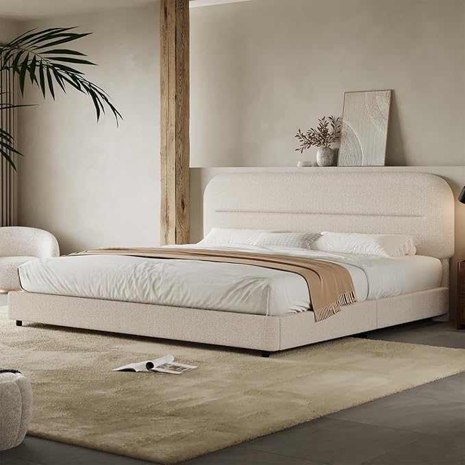 King Size Boucle Bed Frame, Upholstered Cloud Bed Frame with Headboard, Soft Platform Bed Frame with Thickened Footboard, Rounded Corners, No Box Spring Required, Easy Assembly, Cream