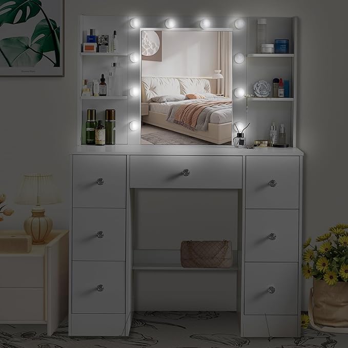 JBLCC Vanity Desk with Mirror and Lights, 39.4''W White Makeup Vanity with 3-Color Lighted Mirror, 7 Drawers & Open Shelves, Big Vanity Table for Bedroom, Girls & Women