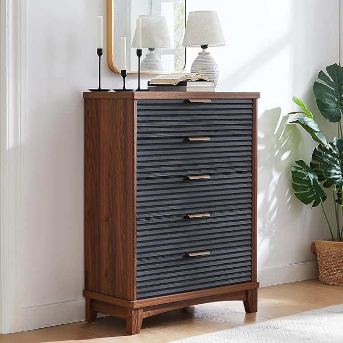 AOGLLATI Black Dresser for Bedroom with Slanted Louvre Design,Retro Chest of Drawers with Charging Station, Wooden Tall 5 Drawer Dresser for Bedroom,Living Room, Hallway, Black & Brown