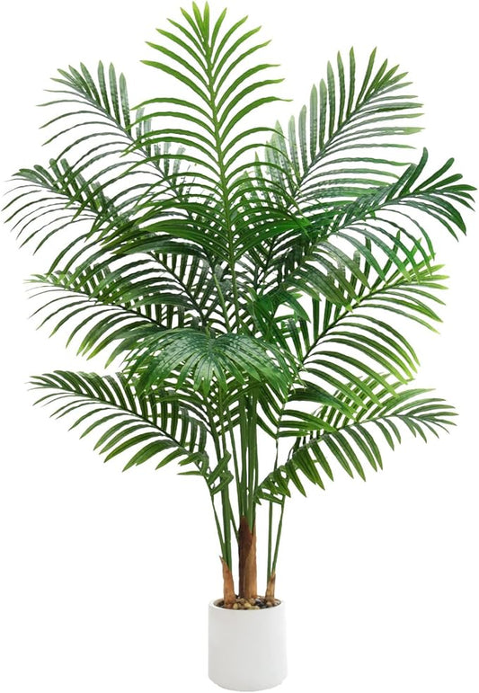 Artificial Palm Tree 5FT Faux Plants Indoor Tropical Fake Palm Tree Areca Floor Plant in White Pot with 13 Trunks & Real Bark Design, Faux Palm Plant for Outdoor Patio Home Room Office Decor