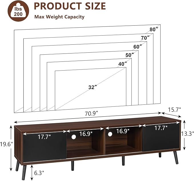 Clikuutory Mid Century Modern 70 Inch TV Stand with Two Large Storage Space for 50 55 60 65 70 75 80 Inch TVs, TV Console with Two Sliding Door, Entertainment Center for Bedroom, Walnut