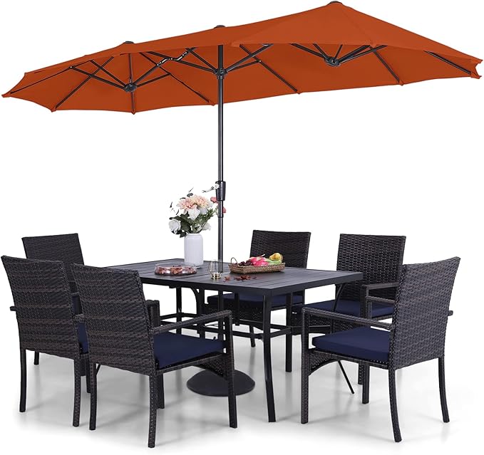 Patio Outdoor Table and Chairs Set with Umbrella Orange Red, Patio Dining Sets for 6, 7 Pieces Patio Table Set Clearance for Backyard Deck Porch Outside, Metal Table with Hole & Rattan Chairs