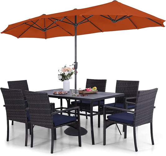 Patio Outdoor Table and Chairs Set with Umbrella Orange Red, Patio Dining Sets for 6, 7 Pieces Patio Table Set Clearance for Backyard Deck Porch Outside, Metal Table with Hole & Rattan Chairs