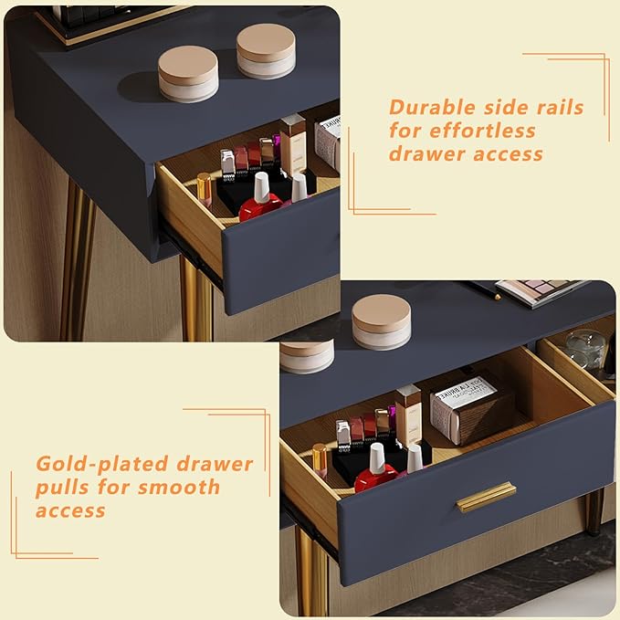 Vanity Desk with Adjustable Mirror and Lights, Makeup Desk with Drawers and Chair, Dressing Table Set with Leather Surface, Small Vanity Table for Bedroom, 3 Lighting Modes (Blue)