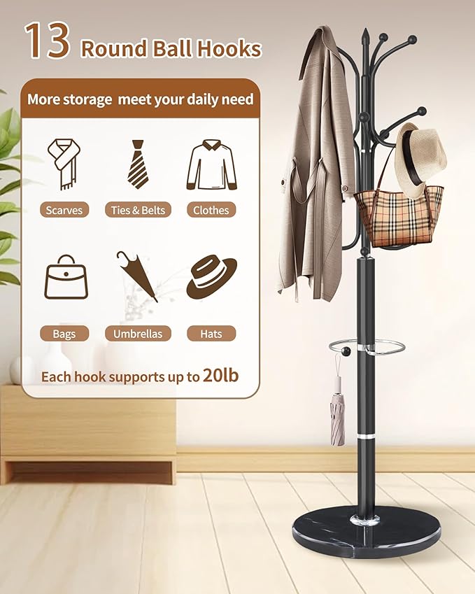Metal Coat Rack with Natural Marble Base, Coat Rack Stand with 12 Hooks & Umbrella Holder, Black Modern Freestanging Coat Racks, Coat Jacket Hanger Tree Stand for Corner Entryway Office