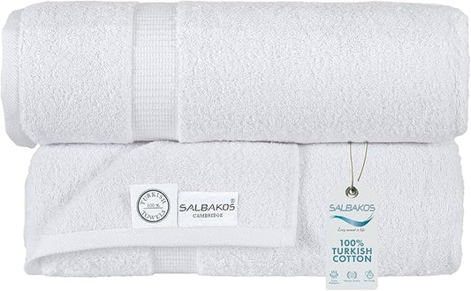 SALBAKOS 100% Turkish Cotton Extra Large Bath Sheet Set of 2 35x70 inch | Heirloom Quality | Hotel & Spa Collection |Soft, Absorbent Oversize Bath Towels | Made in Turkey (White, 2 Bath Sheets)
