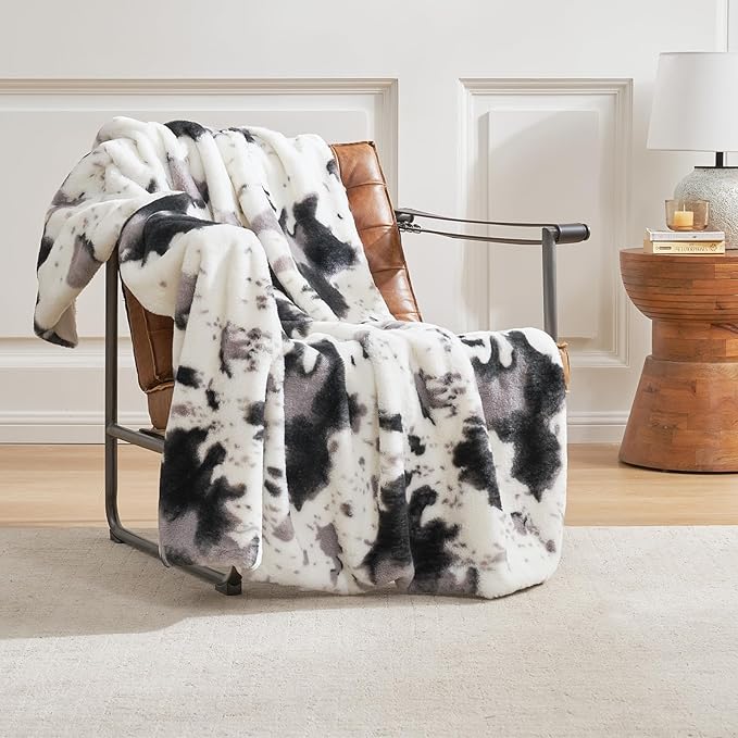 Cozy Bliss Cow Print Faux Fur Throw Blanket, Animal Printed Blankets Super Soft Warm Thick Fluffy Throws Home Decor for Couch Bed Sofa Women (Black&Grey Cow, 60x80 Inches)