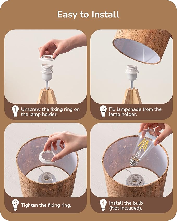 EDISHINE Small Table Lamp, Wooden Tripod Nightstand Lamp with Bark Linen Shade, Farmhouse Bedside Lamp for Nursery, Bedroom, Kids Room, Office, Reading Desk, 14.2 Inch, E26 Socket, ON/Off Switch