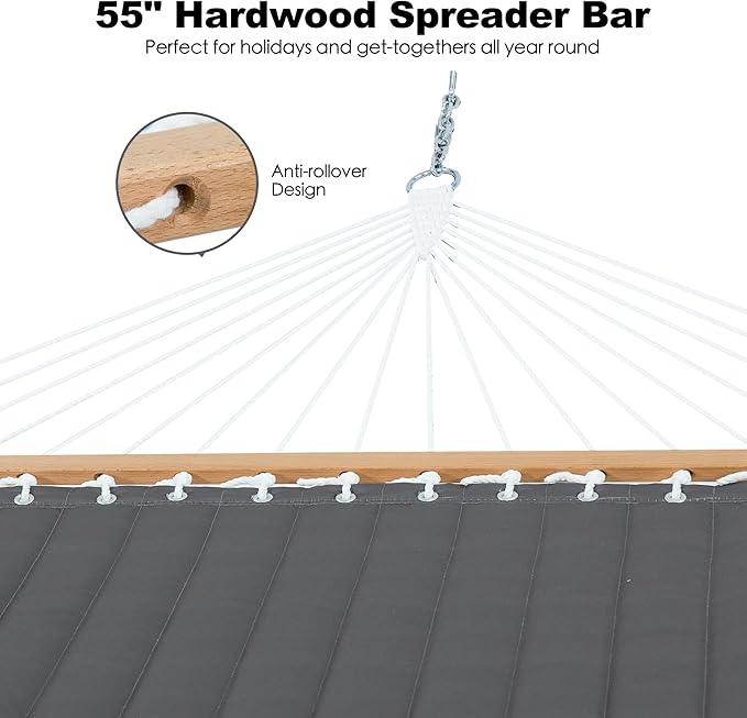 2 Person Hammocks for Outside, Double Quilted Fabric Outdoor Hammock with Spreader Bar, Large Removable Pillow, Storage Pockets, Carabiners, Max 475 lbs Capacity (Dark Grey)