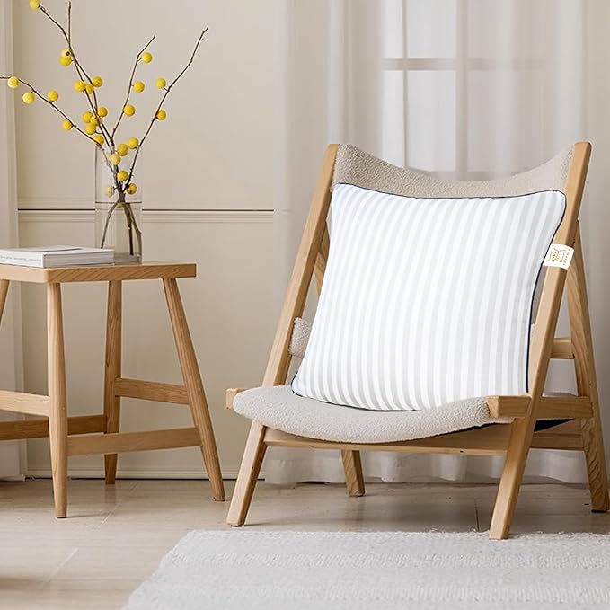 Pillows Insert 22'' x 22'' Set of 2, Decorative Throw Pillows with Luxury Silky Covers for Indoor Couch, Sofa or Bed Decors, White Striped Cushion Sham Stuffer