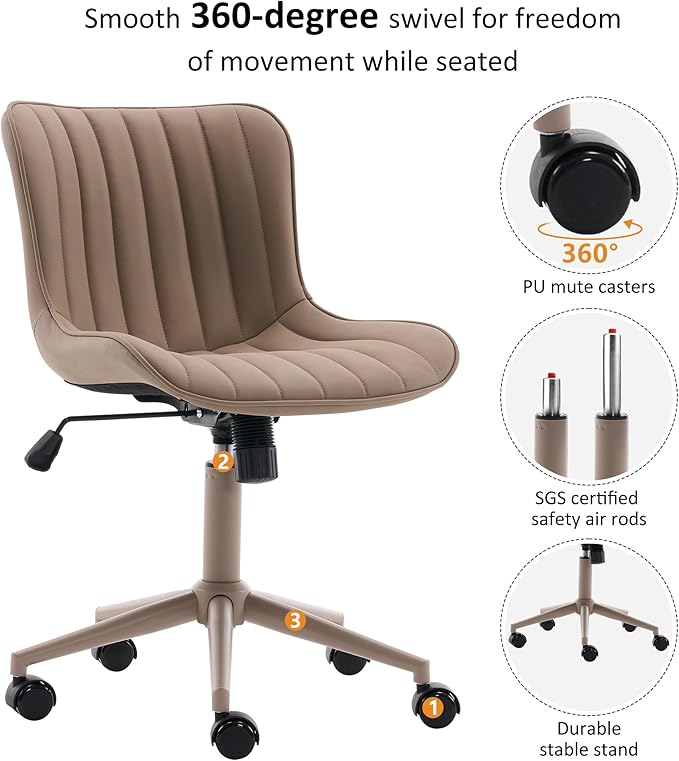 YOUNIKE Home Office Desk Chair with Wheels Armless Vanity Chair with Back Comfy Modern Leather Upholstered Rolling Task Chair Swivel Small Cute Sewing Chair No Arms Wide Adjustable Ergonomic All Khaki