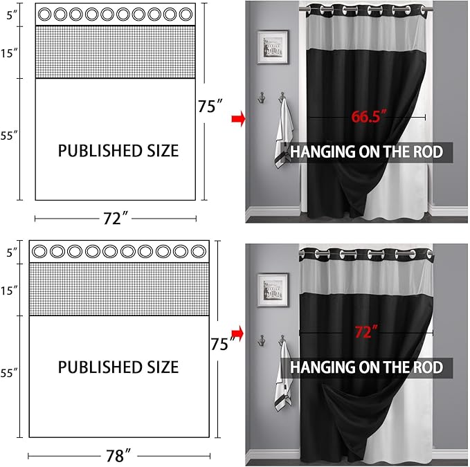 YellyHommy No Hook Shower Curtain with Snap in Liner Set Less Time Black Waffle Shower Curtain for Bathroom 75" L x 78" W