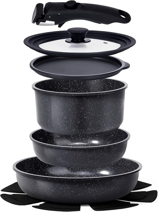 GiPP Ceramic Non Stick Pots and Pans Set,Nonstick Detachable Handle Cookware Sets,Healthy Non Toxic PFAS PFOA & PTFE Free, Dishwasher ＆Oven Safe, Induction Kitchen Pot and Pan, 8 Piece Grey