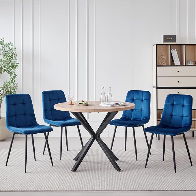 39" Round Dining Table Set for 4, Mid Century Kitchen Table with 4 Velvet Dining Chairs for Apartment Living Room Space Saving