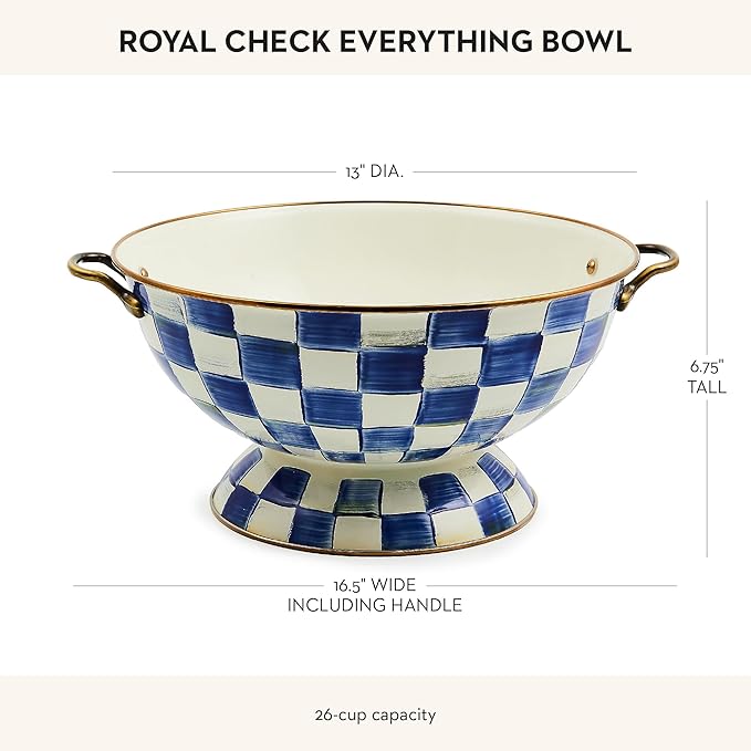 MACKENZIE-CHILDS Enamel Bowl, Serving Bowl for Entertaining, Everything Bowl, Blue-and-White Royal Check