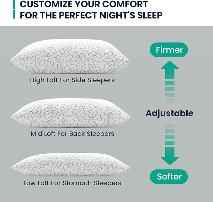 Bed Pillows Set of 2 Shredded Memory Foam Pillows, Soft-Firm Adjustable Pillows for Sleeping, 100% Viscose from Bamboo Pillow Cover for Back, Stomach and Side (Queen Size: 20 * 28in)