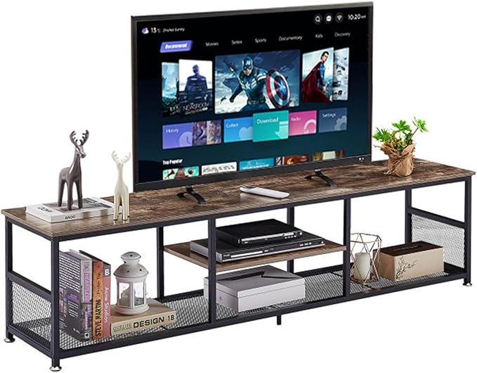 VECELO TV Stand for Televisions up to 80 Inch 70" Entertainment Center with Open Storage Shelves for Living Room/Bedroom, 3 Tiers Media Console Table Frame, 70 Inches, Brown+Metal