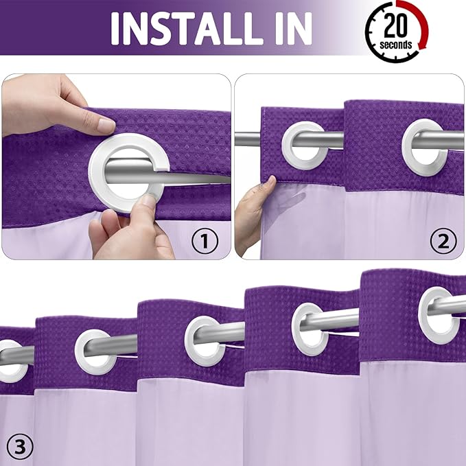 YellyHommy No Hook Shower Curtain with Snap in Liner Set Less Time Waffle Shower Curtain for Bathroom 75" L x 72" W Deep Purple