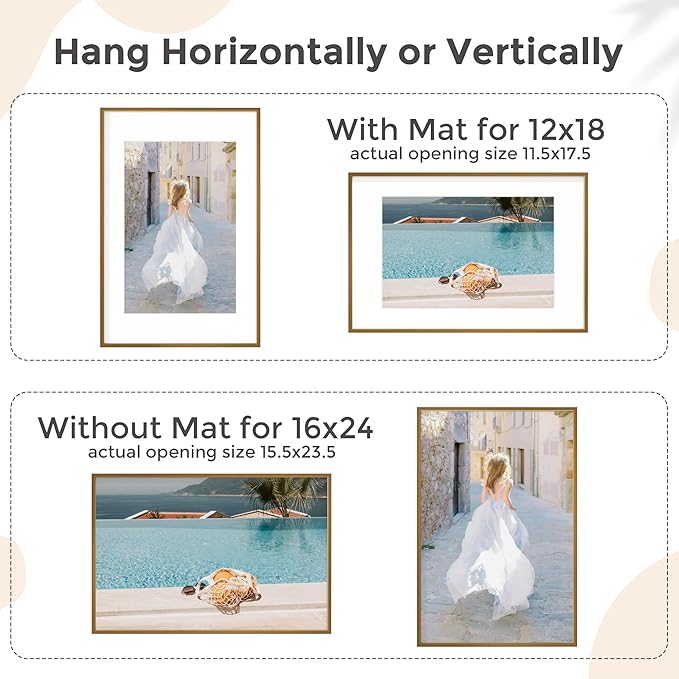 16x24 Frame | 16x24 Poster Frame With Mat For 12x18 | Metal Aluminum Picture Frame With Tempered Glass | Minimalist Modern Poster Frame | Hanging Hardware Included | Bronze