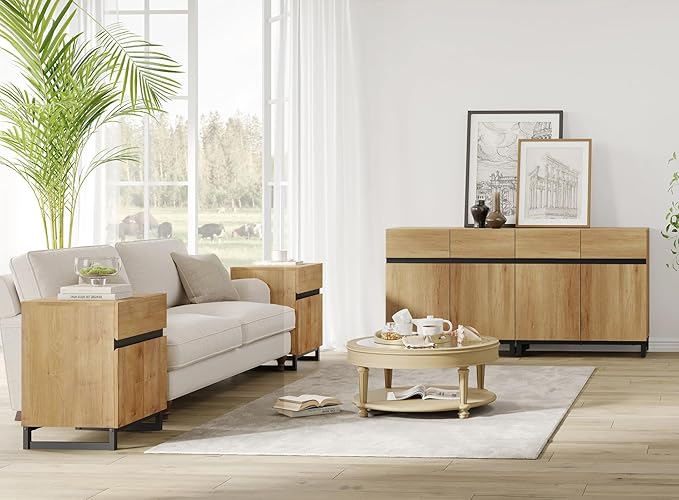 WAMPAT Modern TV Stand for TVs up to 70 inch, 2 in 1 Entertainment Center TV Console with Adjustable Shelves and Metal Base for Living Room,Bedroom,Oak