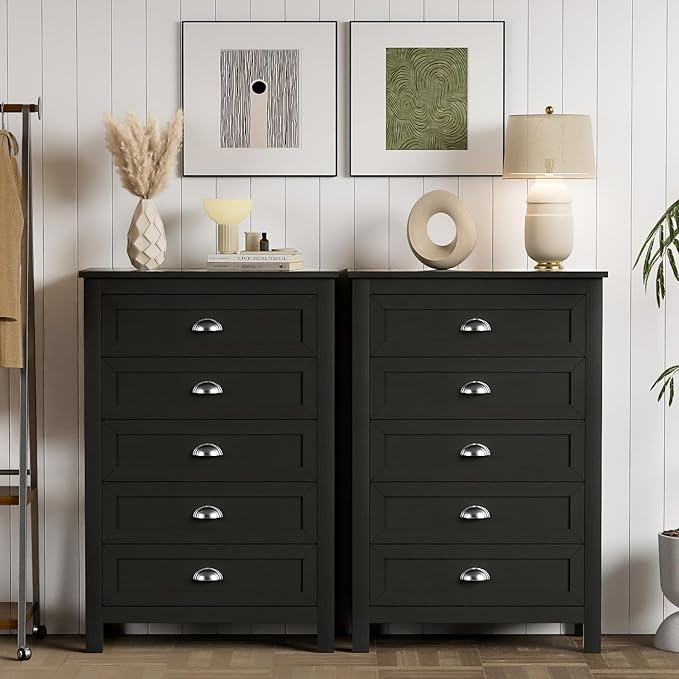 Farmhouse 5 Drawer Dresser for Bedroom, 47" Tall Dresser, Modern Black Chest of Drawers Organizer for Bedroom, Closet, Living Room, Entryway, Hallway