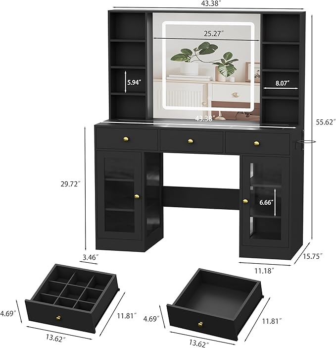 Black Vanity Desk with Mirror and Lights, Glass Top Vanity with Lighted Mirror & RGB Cabinet and 3 Drawers, Dressing Table with 8 Shelves, Makeup Desk with Lights for Girls Bedroom, 3 Color Modes