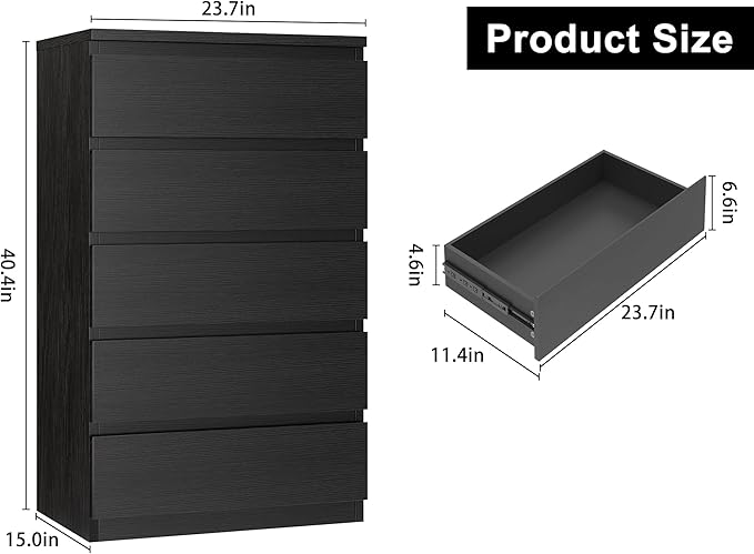 Black 5 Drawer Dresser for Bedroom, 15" D x 23.7" W x 40.4" H in Simply Chest of Drawers, Wood Storage Dresser with Drawers for Living Room Hallway Entryway, Black