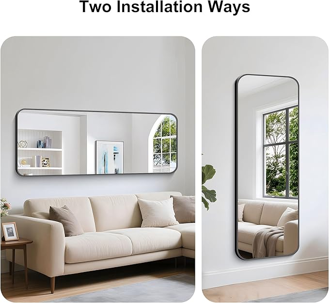 KOCUUY Black Bathroom Mirror 60"x24", Large Vanity Mirror with Rounded Corner, Metal Black Frame with Mordern Design for Bathroom, Living Room, Entryway, Hang Horizontal/Vertical
