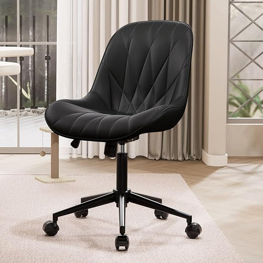 Rowill Modern Office Chair - Ergonomic Swivel Leather Desk Chair with Curved Backrest, Height Adjustable Rolling with Wheels, Perfect for Study Room & Office, Black