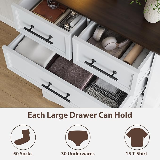 Farmhouse 6 Drawer Dresser, White Wood Chest of Drawers, 44" Tall Bedroom Storage Cabinet with Brushed Metal Handles, Closet Organizer for Bedroom, Living Room, Hallway