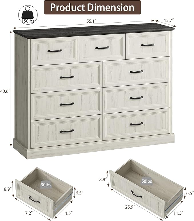 Farmhouse 9 Drawer Dresser for Bedroom, 55 Inch Wide Modern White Dresser TV Stand with Large Drawers & Bar Handles, Rustic Wood Chest of Drawers for Bedroom, Living Room, Hallway, Entryway.