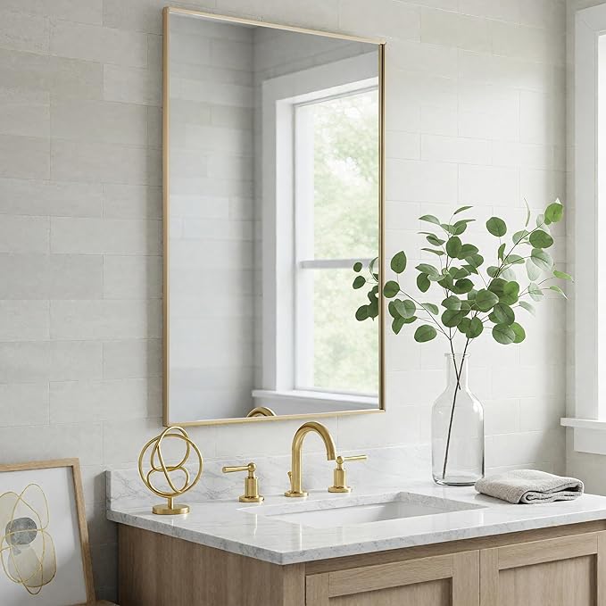24x40 Inch Gold Bathroom Mirror - Copper-Free Mirror, Aluminum Alloy Frame Vanity Rectangle Wall Mounted Modern Mirror for Bedroom/Living Room/Porch Horizontal or Vertical