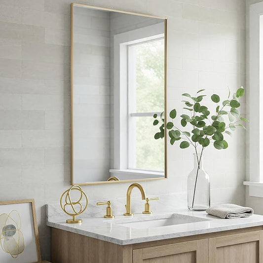 24x40 Inch Gold Bathroom Mirror - Copper-Free Mirror, Aluminum Alloy Frame Vanity Rectangle Wall Mounted Modern Mirror for Bedroom/Living Room/Porch Horizontal or Vertical