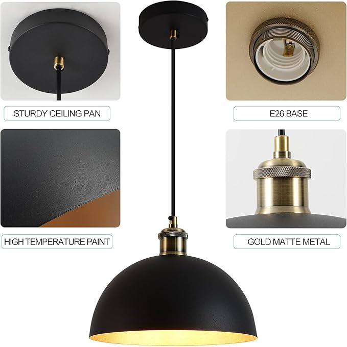 2 Vintage Industrial Pendant Light 9.84 "Industrial Dome Pendant Light Black and Gold Finish Lighting lamp line Length Pendant light78.74 Kitchen Island, Bedroom, Corridor